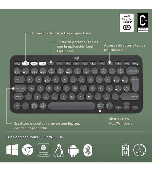 TECLADO LOGITECH PEBBLE KEYS 2 K380S NEGRO GRADO A
