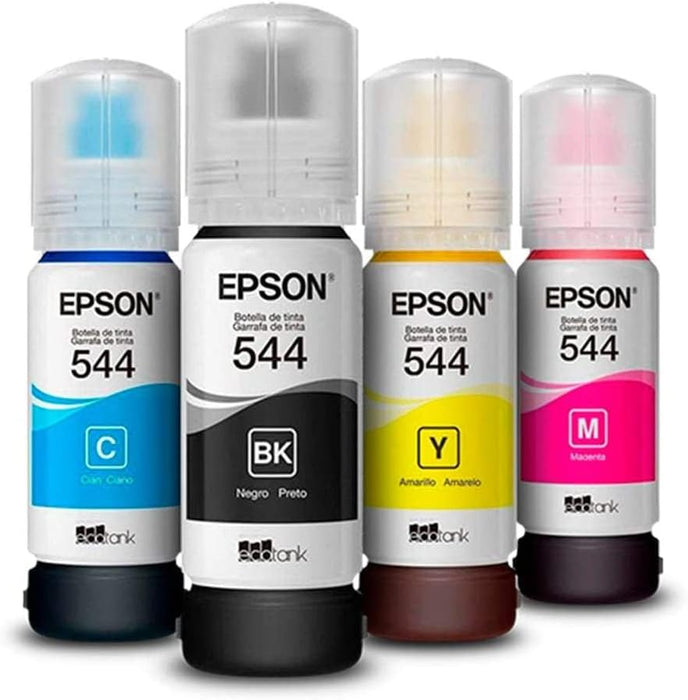 Pack 4 Tintas Epson T544 Originales (Negro, Cian, Magenta, Amarillo) | Kit T544520-4P para EcoTank L3110, L3150, L3210, L3250 GRADO B - TiendaKomet México
