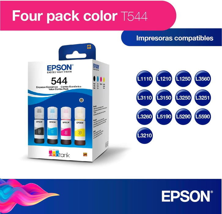 Pack 4 Tintas Epson T544 Originales (Negro, Cian, Magenta, Amarillo) | Kit T544520-4P para EcoTank L3110, L3150, L3210, L3250 GRADO B - TiendaKomet México