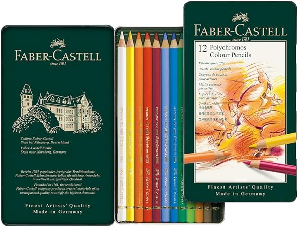 Faber-Castell Art & Graphic Polychromos Colour Pencil, Multicoloured, Tin Of 12, For Art, Craft, Drawing, Sketching, Home, School, University, Colouring GRADO B