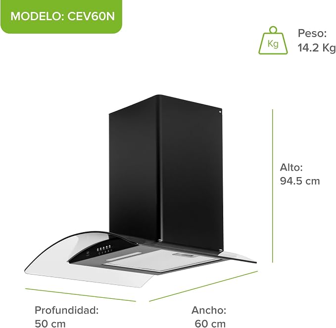 CAMPANA EXTRACTORA DE PARED 60CM, 3 VELOCIDADES, LUZ LED, ACERO INOXIDABLE Y VIDRIO CURVO, COLOR NEGRO, AVERA CEV60N GRADO B