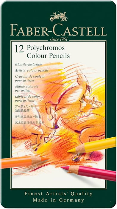 Faber-Castell Art & Graphic Polychromos Colour Pencil, Multicoloured, Tin Of 12, For Art, Craft, Drawing, Sketching, Home, School, University, Colouring GRADO B