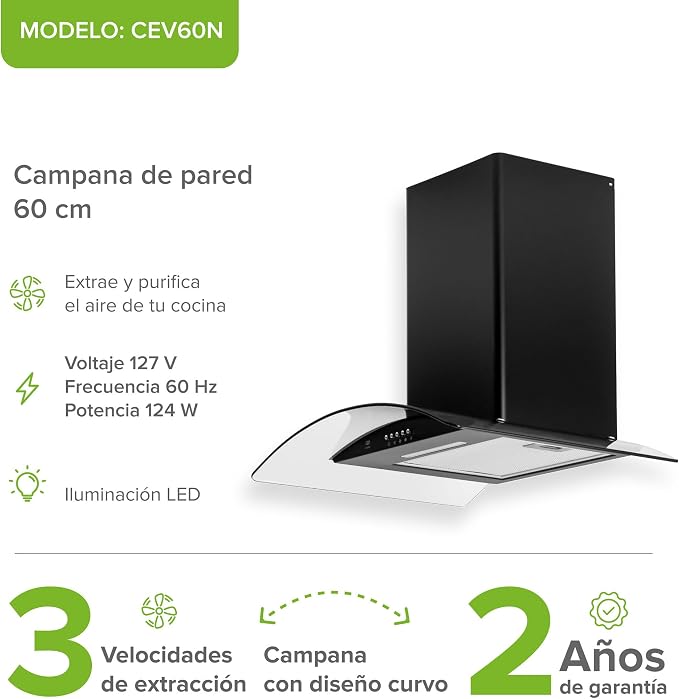 CAMPANA EXTRACTORA DE PARED 60CM, 3 VELOCIDADES, LUZ LED, ACERO INOXIDABLE Y VIDRIO CURVO, COLOR NEGRO, AVERA CEV60N GRADO B
