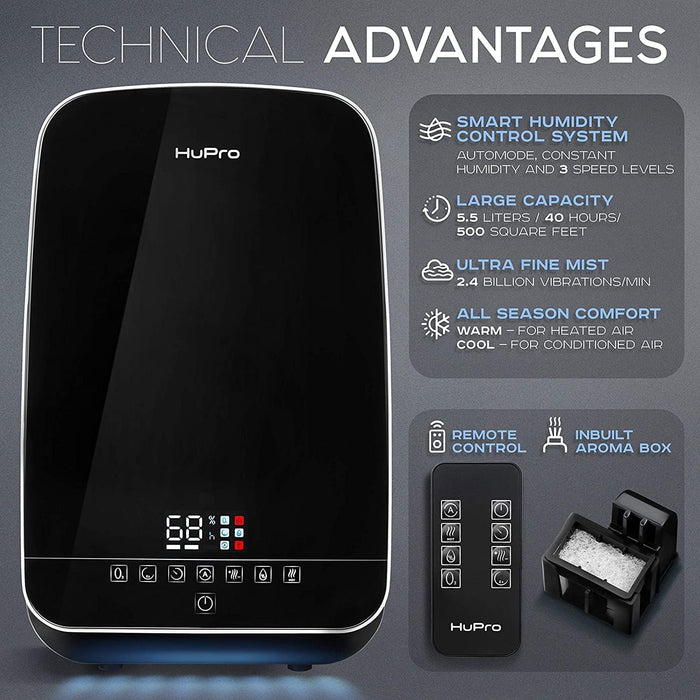 HuPro - 773 Humidificador de Niebla Tibia y Fría de 5.5 L para Dormitorio – Llenado Superior Ultrasónico, Silencioso ≥30 dB, Control Remoto, 24–40 H de Funcionamiento, Humidistato, Aceite Esencial, Apagado Automático, Bebé GRADO A