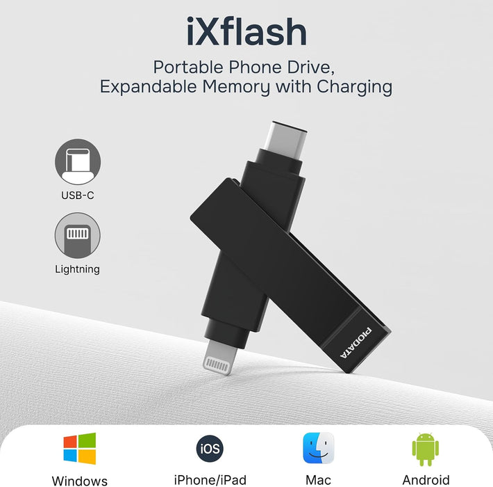 Memoria USB Piodata iXFlash de 1TB para iPhone y iPad (Lightning y USB-A, Negro) | Grado A