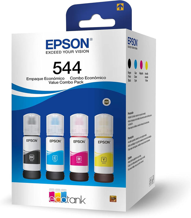 Pack 4 Tintas Epson T544 Originales (Negro, Cian, Magenta, Amarillo) | Kit T544520-4P para EcoTank L3110, L3150, L3210, L3250 GRADO B - TiendaKomet México