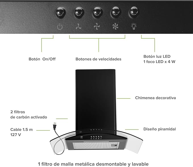 CAMPANA EXTRACTORA DE PARED 60CM, 3 VELOCIDADES, LUZ LED, ACERO INOXIDABLE Y VIDRIO CURVO, COLOR NEGRO, AVERA CEV60N GRADO B