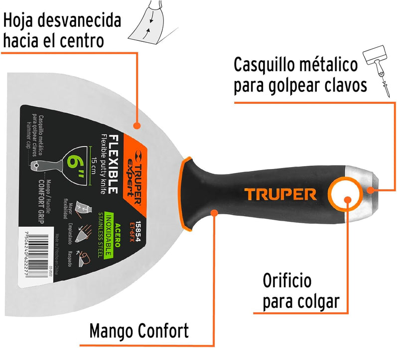 Pack De 6 Espatula Flexible 6' Acero Inox. Comfort Truper (Grado B)