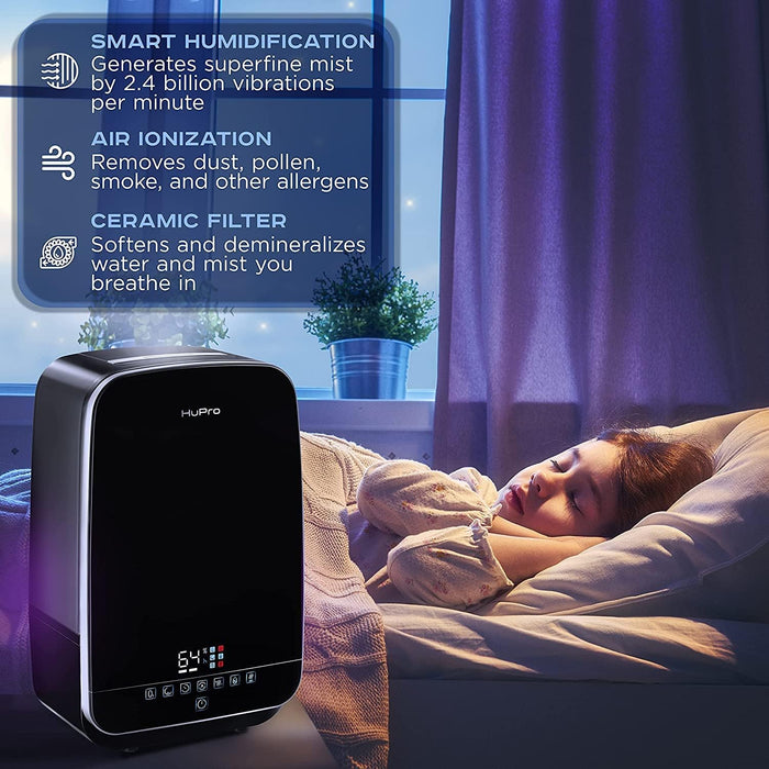 HuPro - 773 Humidificador de Niebla Tibia y Fría de 5.5 L para Dormitorio – Llenado Superior Ultrasónico, Silencioso ≥30 dB, Control Remoto, 24–40 H de Funcionamiento, Humidistato, Aceite Esencial, Apagado Automático, Bebé GRADO A