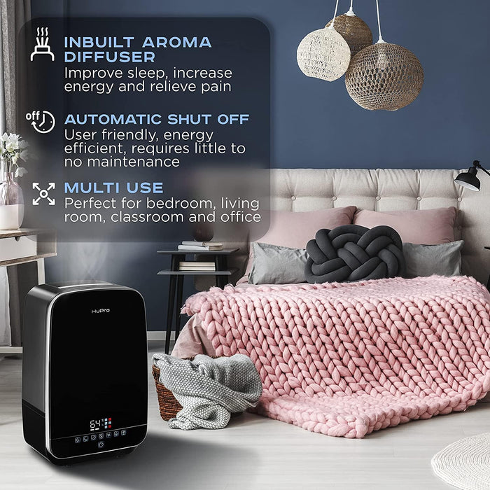 HuPro - 773 Humidificador de Niebla Tibia y Fría de 5.5 L para Dormitorio – Llenado Superior Ultrasónico, Silencioso ≥30 dB, Control Remoto, 24–40 H de Funcionamiento, Humidistato, Aceite Esencial, Apagado Automático, Bebé GRADO A