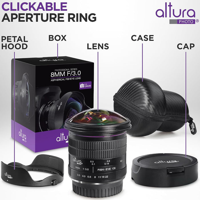 Altura Photo 8mm f/3.0 Professional Wide Angle Lens Aspherical Fisheye for Canon EOS 90D 80D 77D Rebel T8i T7 T7i T6i T6s T6 T100 SL2 SL3 DSLR Cameras with EF Mount GRADO B