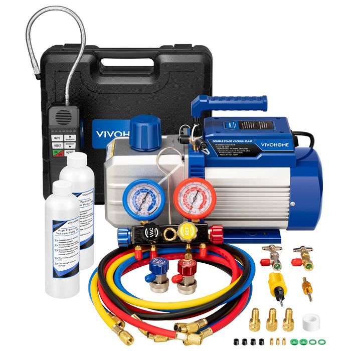 VIVOHOME 110V 1/2 HP 5CFM Bomba de vacío para HVAC de 2 etapas y kit de juego de manómetros de CA de 4 vías con detector de fugas R134a, R12, R22, R502, R410a GRADO B