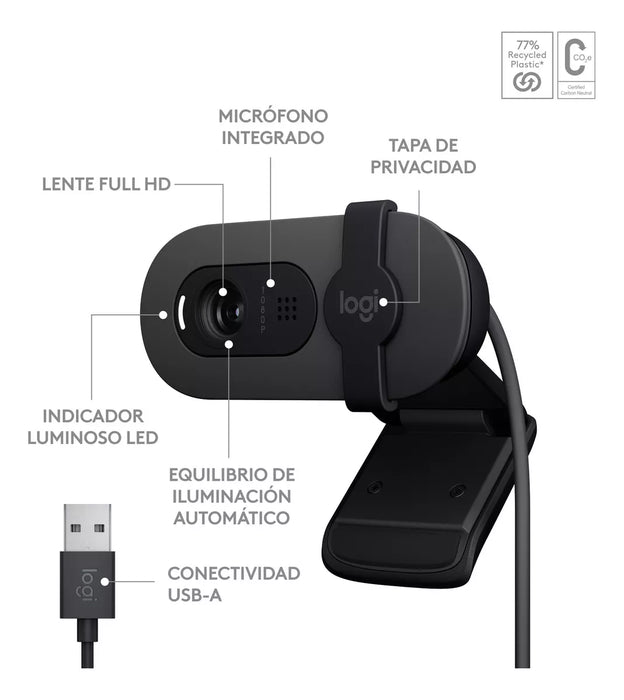 LOGITECH BRIO 100 WEBCAM FULL HD 1080P TAPA RIGHTLIGHT NEGRO - TiendaKomet México