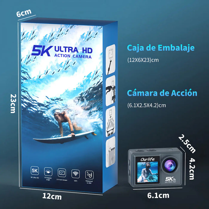 CÁMARA DE ACCIÓN OURLIFE M40TR | 5K + 50MP + DOBLE PANTALLA TÁCTIL | GRADO A (NUEVA, PROBADA)