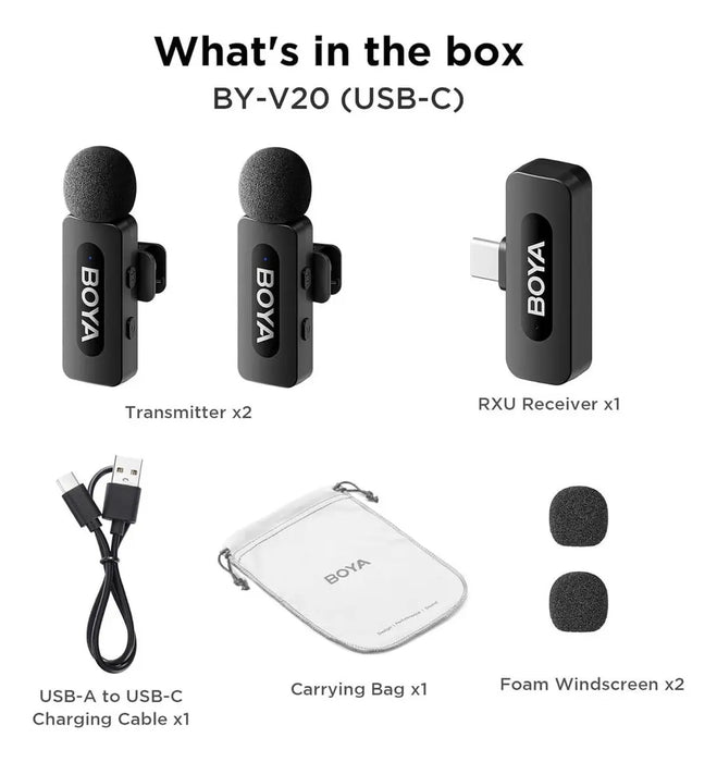 BOYA BY-V20 MICROFONO INALAMBRICO IPHONE 15-16/ANDROID/PC, CANCELACIÓN DE RUIDO, 48KHZ/16BIT, 9H DE USO, MODO SILENCIO,... NEGRO GRADO B