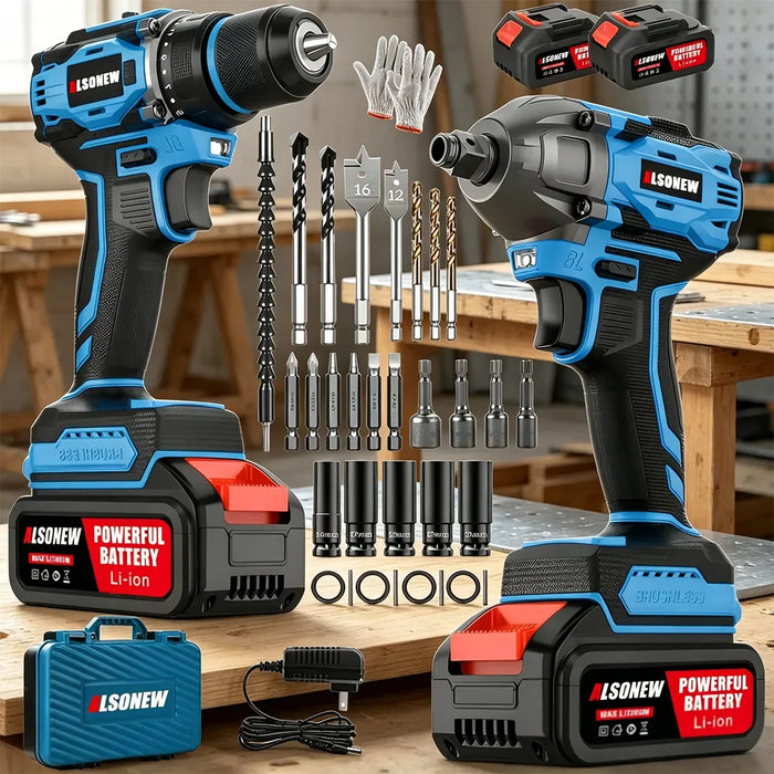 JUEGO DE TALADRO Y LLAVE DE IMPACTO ALSONEW 3 EN 1 2 BATERIAS AZUL GRADO B