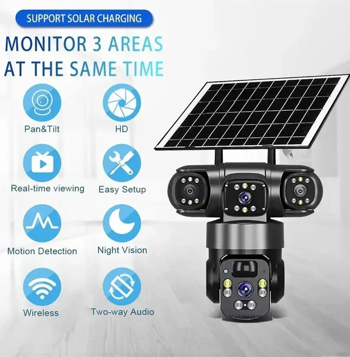 CÁMARA DE VIGILANCIA XINSHI SOLAR 4G FULL HD CON VISIÓN NOCTURNA A COLOR Y 3 LENTES NEGRO GRADO B