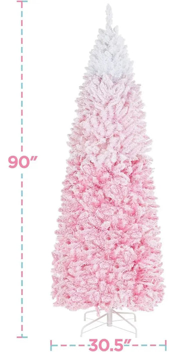 ARBOL DE NAVIDAD ARTIFICIAL CON FORMA DE LAPIZ ARTIFICIAL PINO DEGRADADO ROSA-BLANCO FRONDOSO 1.83M CADENA DE LUCES LED DE COLORES - GARVEEHOME GRADO B