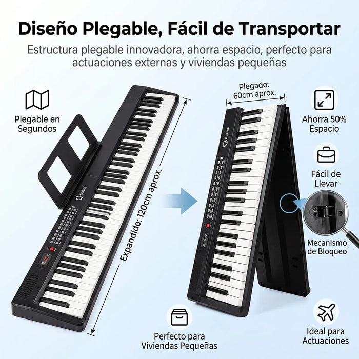 TECLADO MUSICAL BESSER PLEGABLE DE 88 TECLAS CON SENSIBILIDAD, BLUETOOTH Y MIDI NEGRO GRADO A