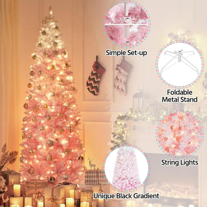 ARBOL DE NAVIDAD ARTIFICIAL CON FORMA DE LAPIZ ARTIFICIAL PINO DEGRADADO ROSA-BLANCO FRONDOSO 1.83M CADENA DE LUCES LED DE COLORES - GARVEEHOME GRADO B