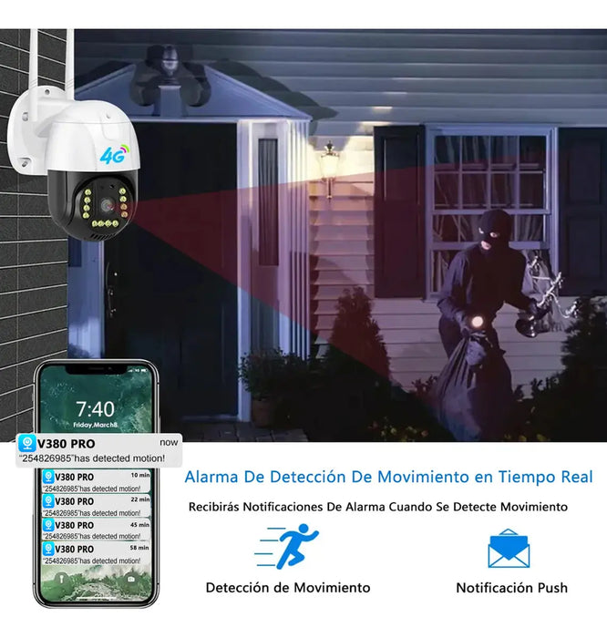 Cámara de Seguridad Exterior 4k con Tarjeta Sim 4g Full HD ptz Visión Nocturna Sirena Audio Bidireccional - Grado B