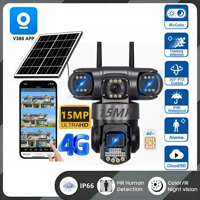 CÁMARA DE VIGILANCIA XINSHI SOLAR 4G FULL HD CON VISIÓN NOCTURNA A COLOR Y 3 LENTES NEGRO GRADO B