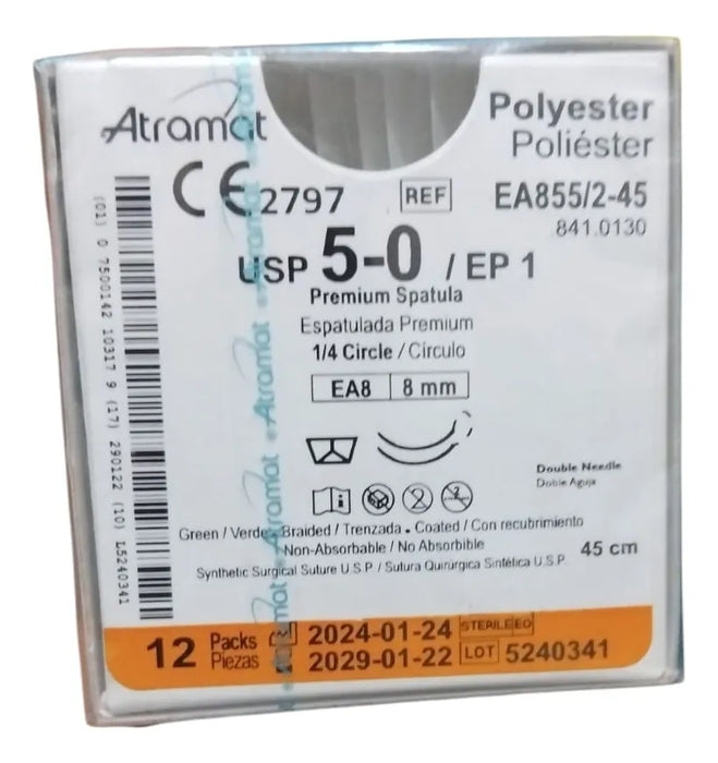 HILO DOBLE ARMADO POLYESTER 5-0 ESPATULADA ATRAMAT VERDE GRADO B