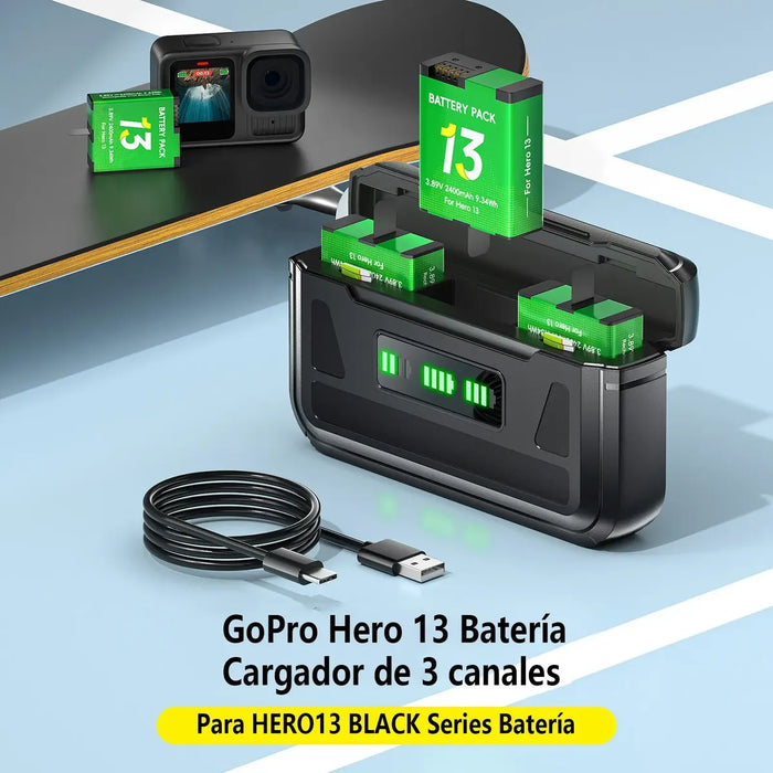 Kit Cargador Dual LCD + 3 Baterías para GoPro Hero 13 Black | Carga Simultánea | Grado B ✨