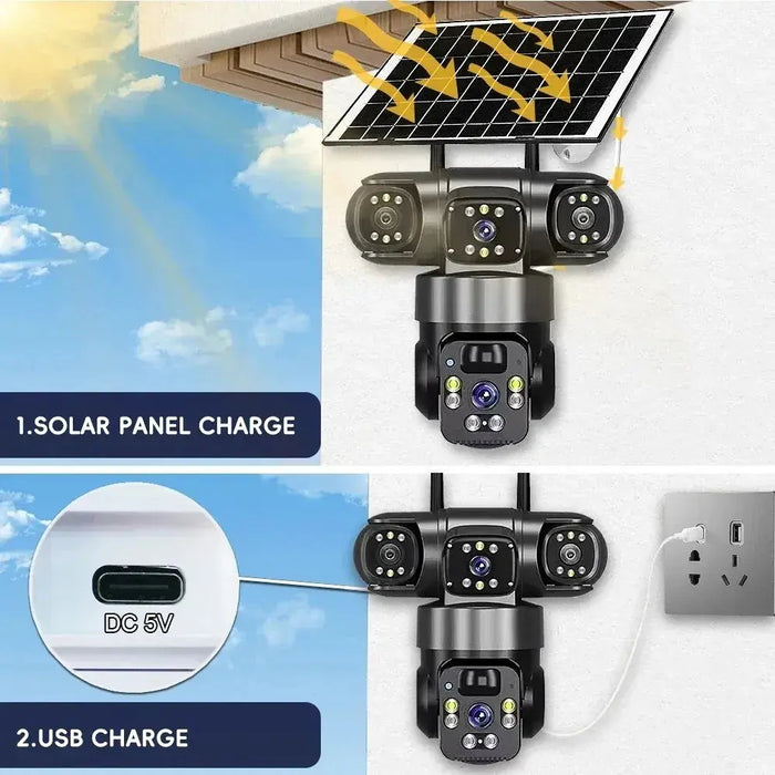 CÁMARA DE VIGILANCIA XINSHI SOLAR 4G FULL HD CON VISIÓN NOCTURNA A COLOR Y 3 LENTES NEGRO GRADO B