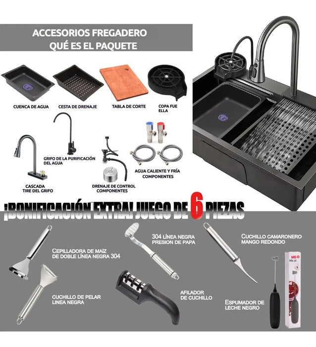 80x45 Tarja Fregadero De Cocina Cascada 304 Acero Inoxidable Negro GRADO B