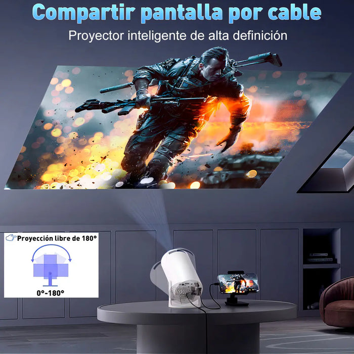 MINI PROYECTOR LED PORTATIL 2K 6000 LUMENES 1080P ́NGULO AJUSTABLE COMPATIBLE CON ANDROID Y IPHONE CON SONIDO HIFI BLANCO