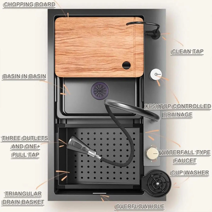 80x45 Tarja Fregadero De Cocina Cascada 304 Acero Inoxidable Negro GRADO B