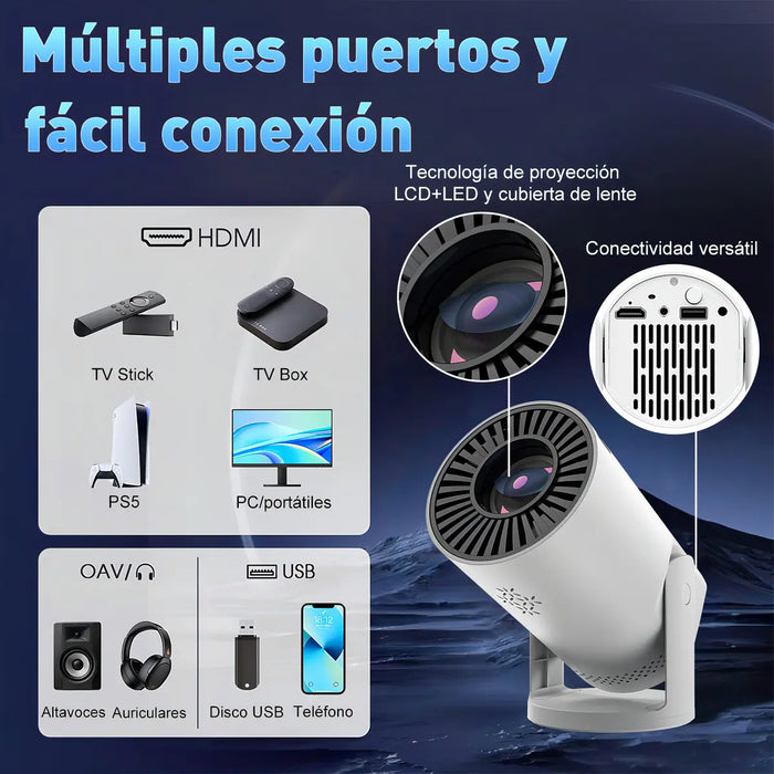 MINI PROYECTOR LED PORTATIL 2K 6000 LUMENES 1080P ́NGULO AJUSTABLE COMPATIBLE CON ANDROID Y IPHONE CON SONIDO HIFI BLANCO