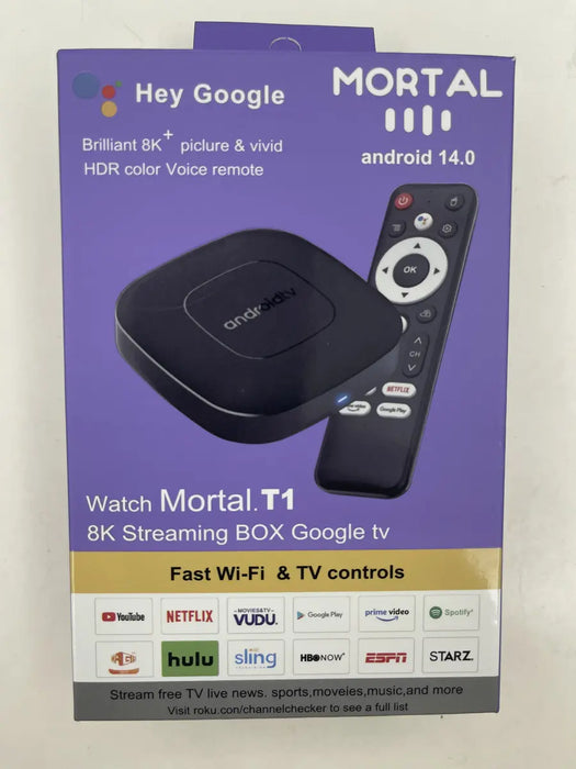 TV BOX MORTAL T1 8K ANDROID 16 RAM 2+16 GB ROM CHROMECAST CONTROL DE VOZ NEGRO GRADO B