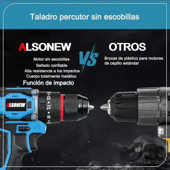 JUEGO DE TALADRO Y LLAVE DE IMPACTO ALSONEW 3 EN 1 2 BATERIAS AZUL GRADO B