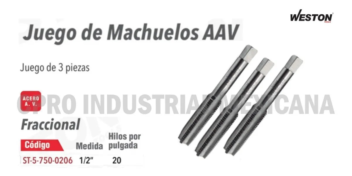 JUEGO DE 3 MACHUELOS ACERO ALTA V. FRACCIONAL 1/2Â´Â - 20 GRADO B - TiendaKomet México