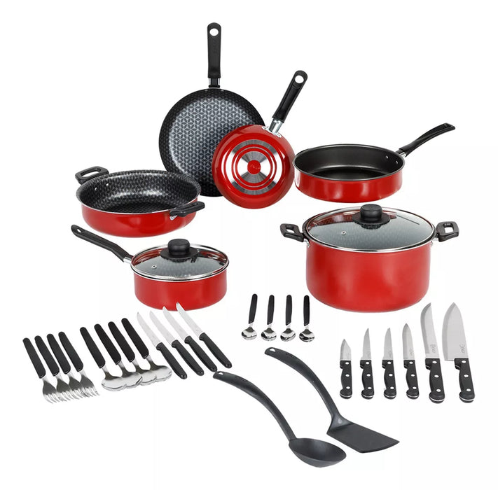 BATERÍA DE COCINA EKCO 32 PIEZAS CON ALUMINIO ANTIADHERENTE COLOR ROJO GRADO B