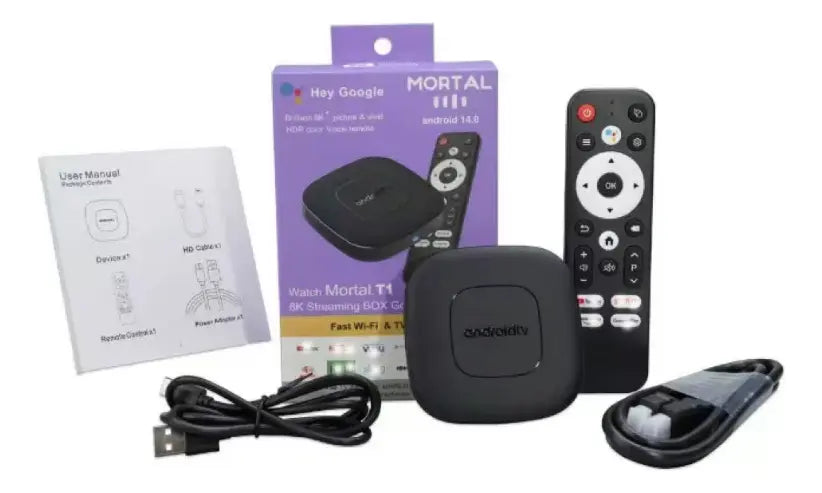 TV BOX MORTAL T1 8K ANDROID 16 RAM 2+16 GB ROM CHROMECAST CONTROL DE VOZ NEGRO GRADO B