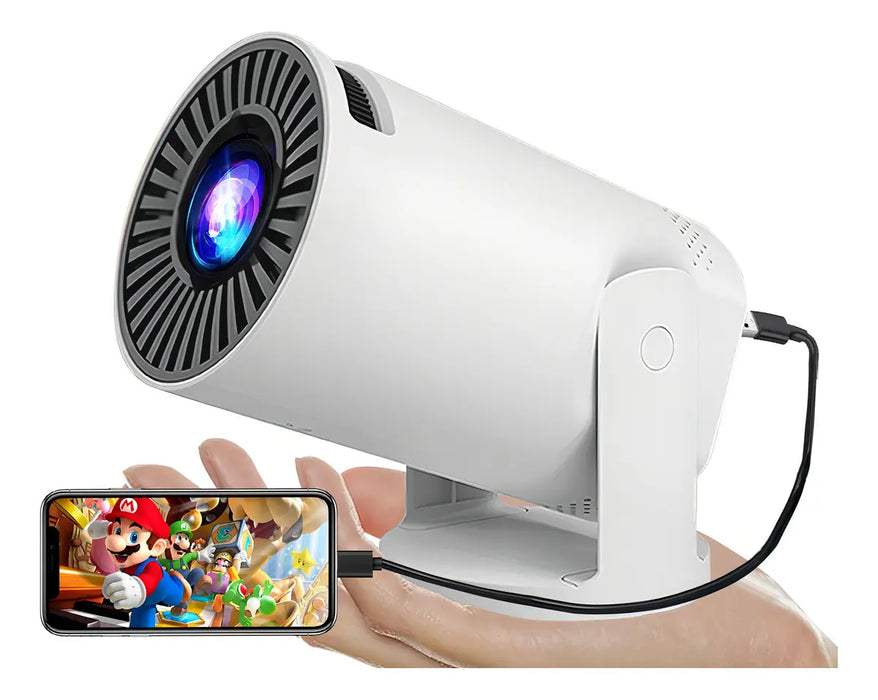 MINI PROYECTOR LED PORTATIL 2K 6000 LUMENES 1080P ́NGULO AJUSTABLE COMPATIBLE CON ANDROID Y IPHONE CON SONIDO HIFI BLANCO