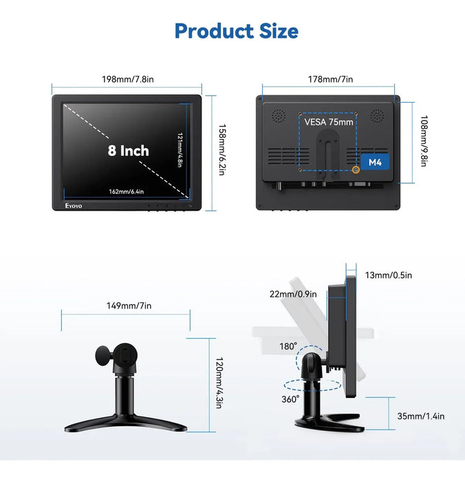 Monitor Eyoyo 8-inch 1024x768 IPS w/ HDMI/VGA/AV/BNC Input GRADO A