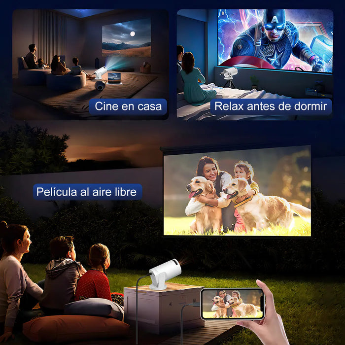 MINI PROYECTOR LED PORTATIL 2K 6000 LUMENES 1080P ́NGULO AJUSTABLE COMPATIBLE CON ANDROID Y IPHONE CON SONIDO HIFI BLANCO