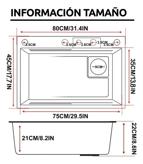 80x45 Tarja Fregadero De Cocina Cascada 304 Acero Inoxidable Negro GRADO B