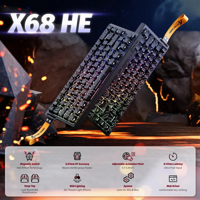 ATTACK SHARK X68 PRO HE Wireless Rapid Trigger Gaming Keyboard with Adjustable Actuation,8K Polling Rate,Hall Effect Magnetic Switch,Hot-Swap,RGB Backlit,BT/2.4GHz/Wired,for FPS Games-Black GRADO A