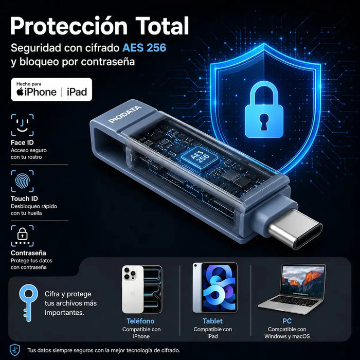 MEMORIA USB-C PIODATA 1 TB PARA IPHONE Y ANDROID AZUL LISA GRADO A