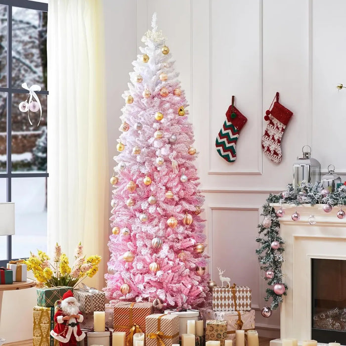 ARBOL DE NAVIDAD ARTIFICIAL CON FORMA DE LAPIZ ARTIFICIAL PINO DEGRADADO ROSA-BLANCO FRONDOSO 1.83M CADENA DE LUCES LED DE COLORES - GARVEEHOME GRADO B