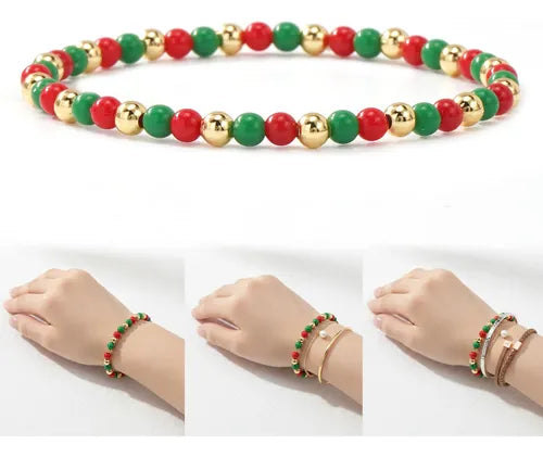 Pulsera Perlas Cuentas Oro Stacking Mujer Ideal para Regalo Rojo y Verde y Dorado 17.5 CM Rojo y Verde y Dorado | Grado B