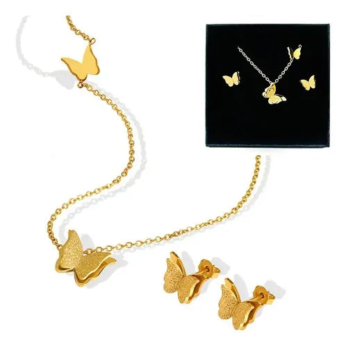 COLLAR CADENA MARIPOSA PENDIENTES ANILLO PURPURINA 3PCS