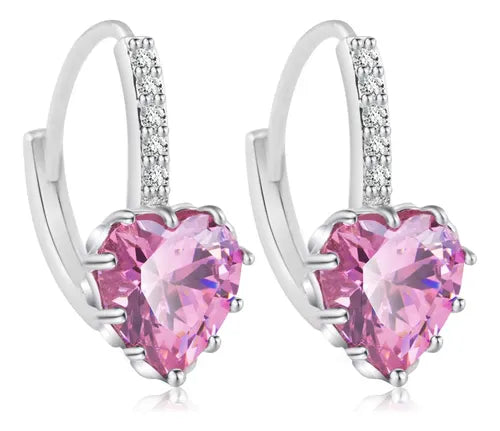 ARETES DE PLATA 925 MUJER CORAZÓN ROSA ELEGANTES COLGANTES GRADO B