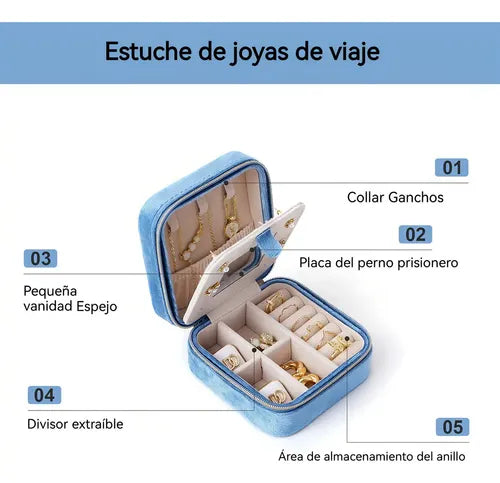 Joyero Organizador de Terciopelo Azul con Espejo para Anillos y Aretes | Grado B
