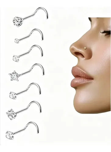 7 Piercings de Nariz de Titanio con Zirconia Color Plateado | Grado B